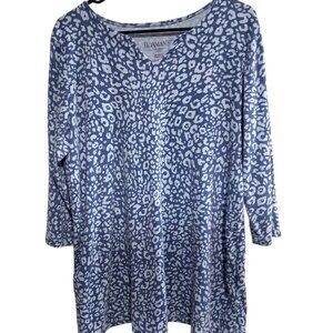 Roaman's 18/20 Blue & White Leopard Animal Print V-Neck Top